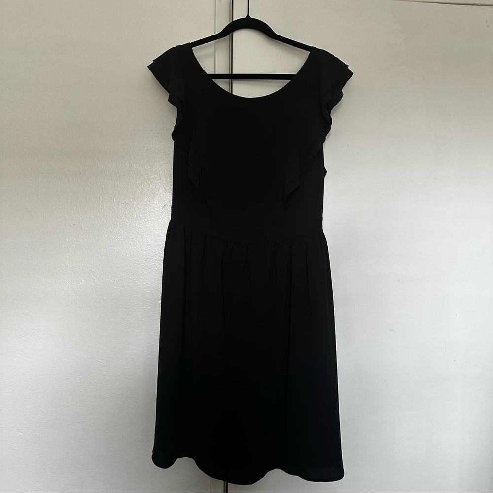 NWOT Black Ruffled Mini Dress with Flutter Cap Sleeves and Back Zipper Accent